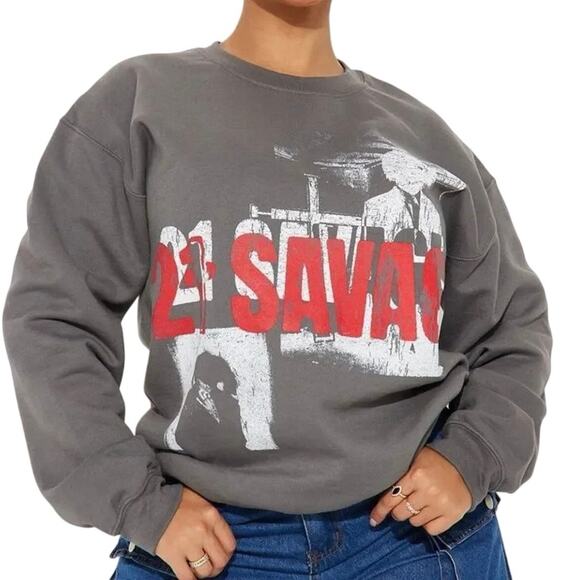 21 SAVAGE Washed Crewneck Sweatshirt in Charcoal, Size S, New without Tag - Picture 1 of 9